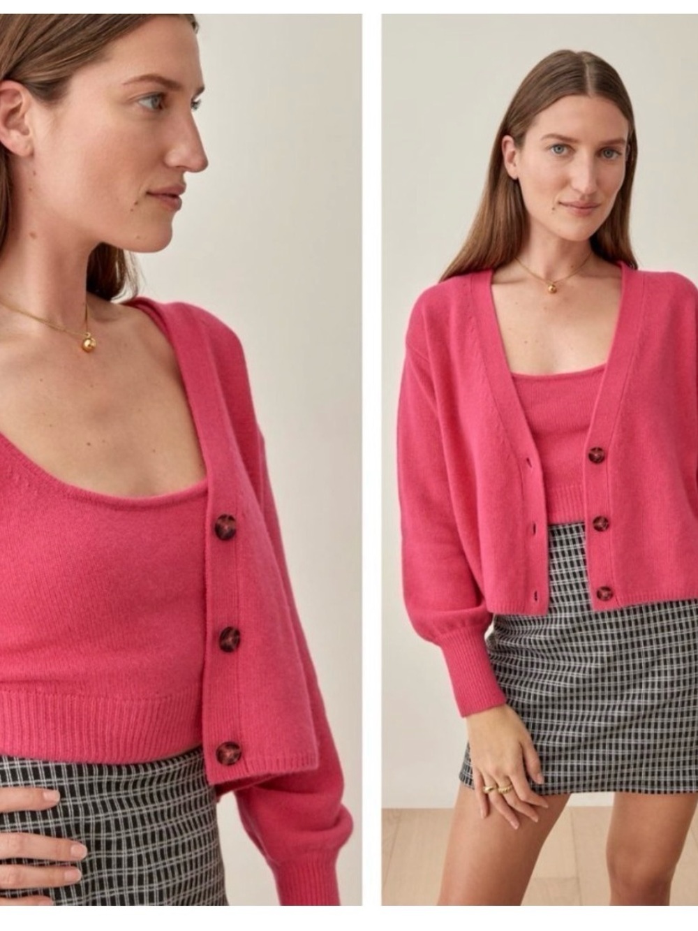 Pink V-Neck Button Cardigan and Tank Set Varenne